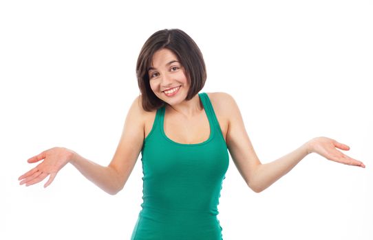 Portrait of a young brunette having a doubting gesture, isolated on white