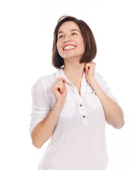 Portrait of a brunette looking very pleased, isolated on white