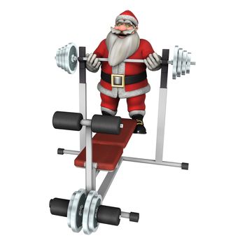 3D digital render of a tired Santa exercising on a power bench isolated on white background