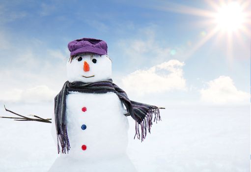 snow man standing close up
