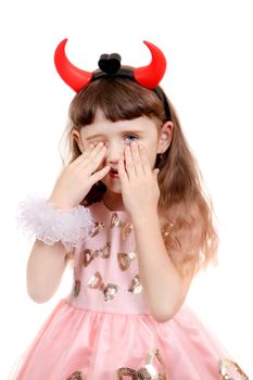 Sad Little Girl with Devil Horns on the White Background