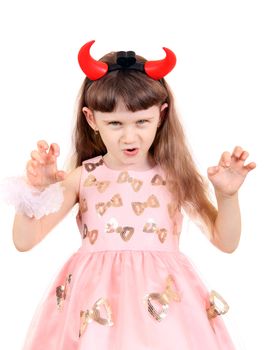 Little Girl with Devil Horns on the White Background