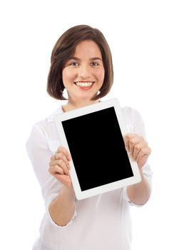 Young brunette presenting a blank touchpad, communication concept, isolated on white