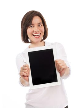 Young woman presenting a blank touchpad, communication concept, isolated on white