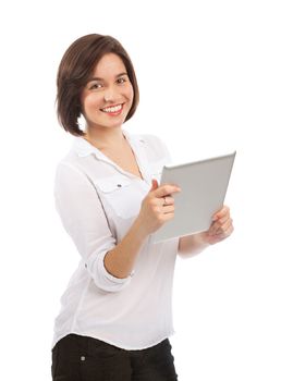 Young smiling brunette holding an electronic tablet, isolated on white