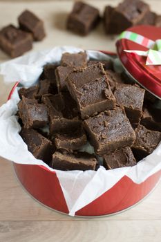 Handmade fudge packed in a holiday gift tin.