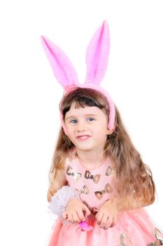 Little Girl with Bunny Ears Isolated on the White Background