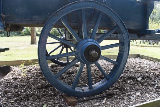 old blue wooden wheel from coach