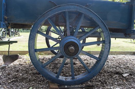 old blue wooden wheel from coach
