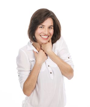 Portrait of a beautiful girl looking joyful, isolated on white