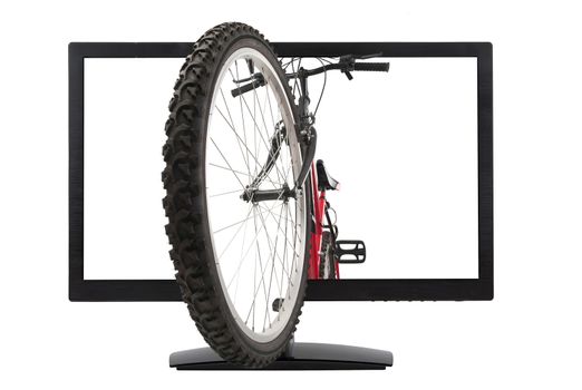 front wheel of mountain bike and lcd monitor, isolated, studio shot