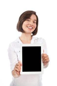 Young brunette showing a blank touchpad, communication concept, isolated on white