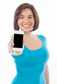 Smiling woman showing a phone, communication concept, copy space, isolated on white
