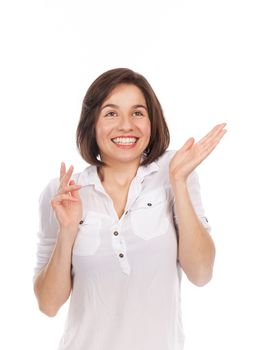 Portrait of a young woman looking very joyful, isolated on white