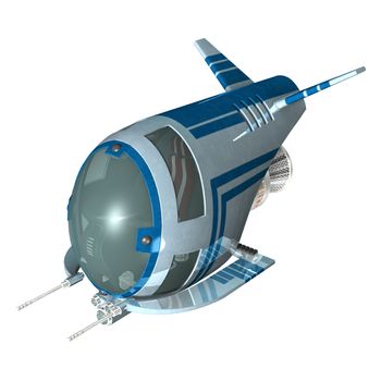 3D digital render of a blue spaceship isolated on white background