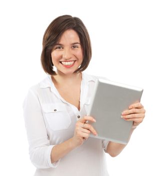 Young smiling woman holding an electronic tablet, isolated on white