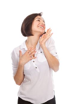 Portrait of a young woman looking charmed, isolated on white