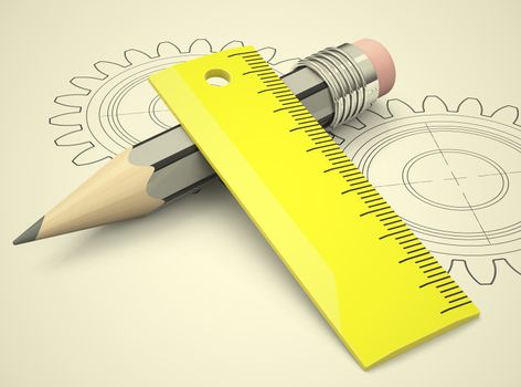 3d generated picture of a pencil, a ruler and two cogwheels
