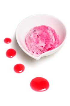 Strawberry pink ice cream ball in bowl on white background