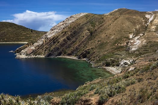 The bay of Sabacera on the northern part of the Isla del Sol (Island of the Sun), a popular travel destination in Lake Titicaca in Bolivia