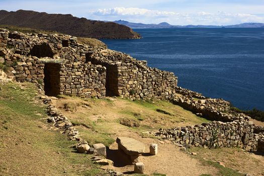 Chinkana (meaning labyrinth in quechua) archeological site of Tiwanaku (Tiahuanaco) origin on the Northwestern part of the Isla del Sol (Island of the Sun) in Lake Titicaca in Bolivia. Isla del Sol is a popular tourist destination and is reachable by boat from Copacabana, Bolivia.