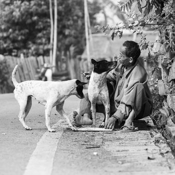 LAMPANG, THAILAND - 26 FEB : Unknown villager play and kiss his dog while he working at side of street, way of life of people in upcontry,Thailand on 26 Feb 2012