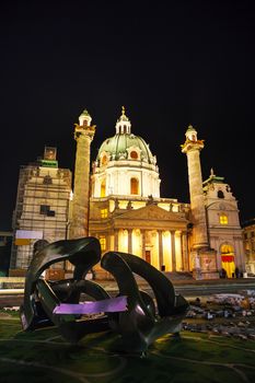 St. Charles's Church (Karlskirche) in Vienna, Austria at night