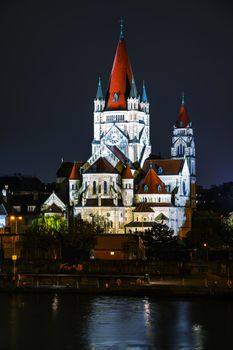 St. Francis of Assisi Church in Vienna, Austria at night