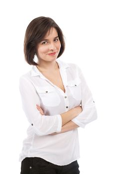 Portrait of a young brunette with her arms crossed, isolated on white
