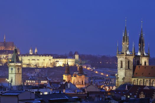 prague - spires of the old town and hradcany castle at dusk