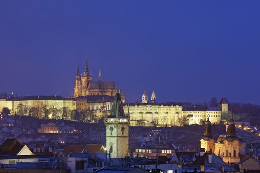 prague - spires of the old town and hradcany castle at dusk