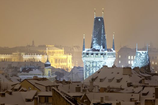 charles bridge tower, rudolfinum concert hall and rooftops of mala strana