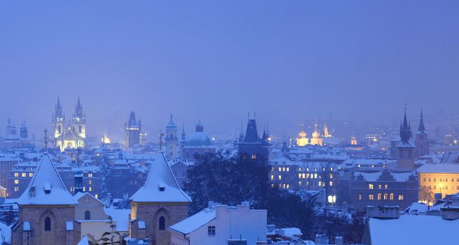 prague - panorama of spires of the old town in winter