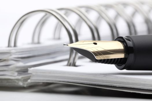 extreme closeup of a fountain pen and spiral notebook