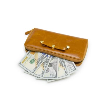 Purse with hundred dollar banknote isolated on white background cutout