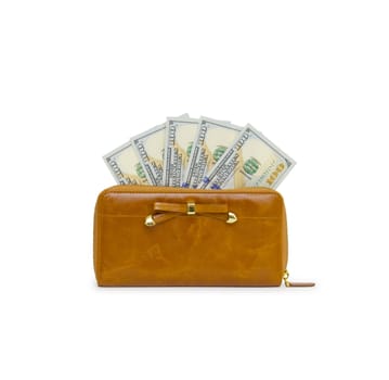 Purse with hundred dollar banknote isolated on white background cutout