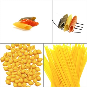 various type of Italian pasta collage on a square frame