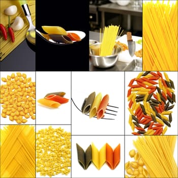 various type of Italian pasta collage on a square frame