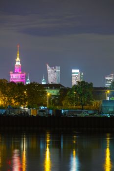 Cityscape of Warsaw, Poland at night time