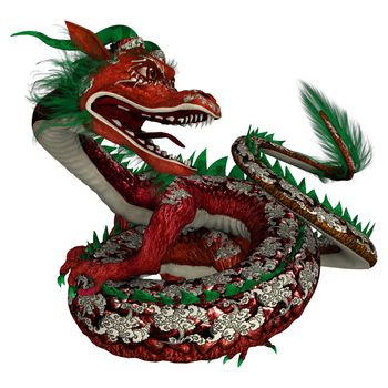 3D digital render of an Eastern dragon in red and green isolated on white background