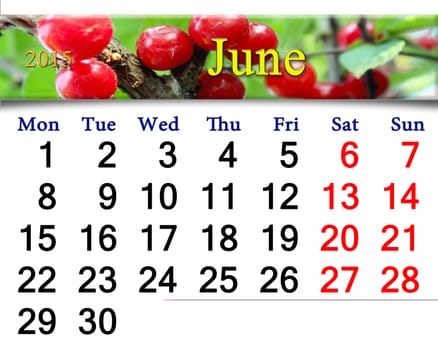 calendar for June of 2015 year with fruits of red berries of Prunus tomentosa