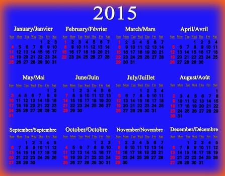 blue calendar for 2015 year in English and French in brightly red frame