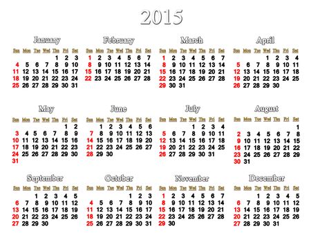 simple and accurate calendar for 2015 year on the white background