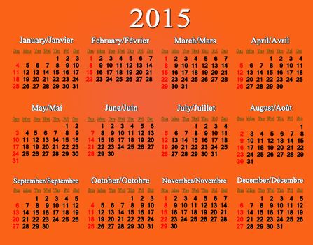 blue calendar for 2015 year in English and French on the orange background