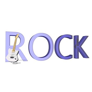 Word "rock" with electric guitar, 3d render