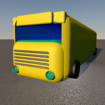 Yellow bus over asphalt road, 3d render