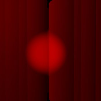 Red closed curtains with circular light, 3d render