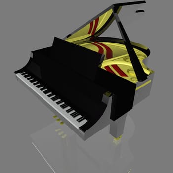 Grand Piano over reflecting floor, 3d render