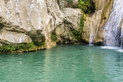 Mountain Lake and Waterfall. Greece, Messinia 