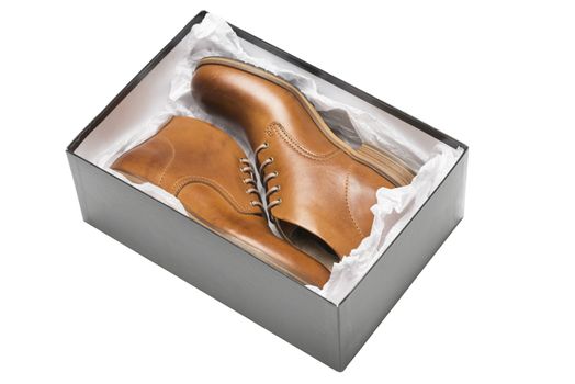 new brown shoes in box with wrapping paper